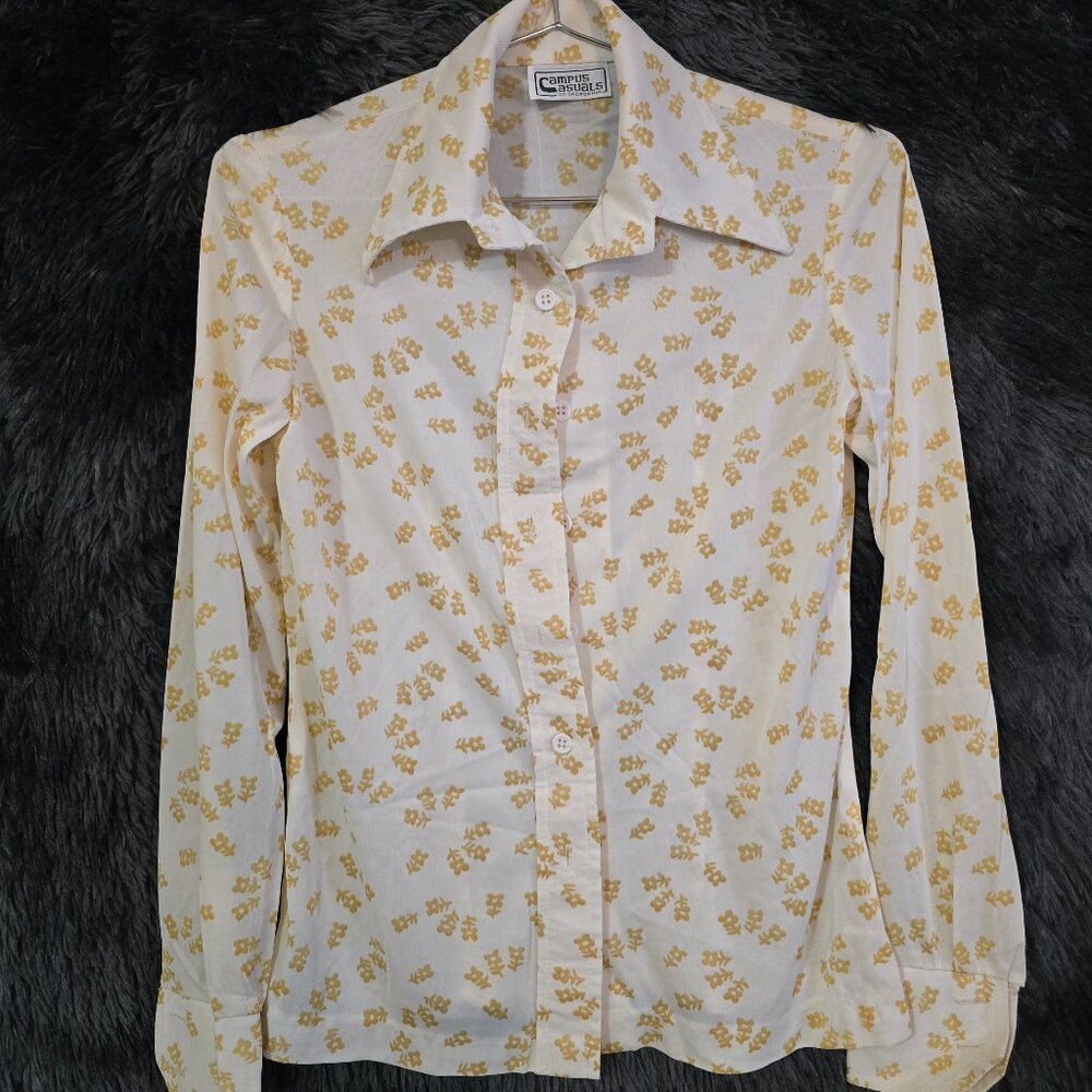 Vintage 70s Prairiecore Sheer Floral Boho Blouse M